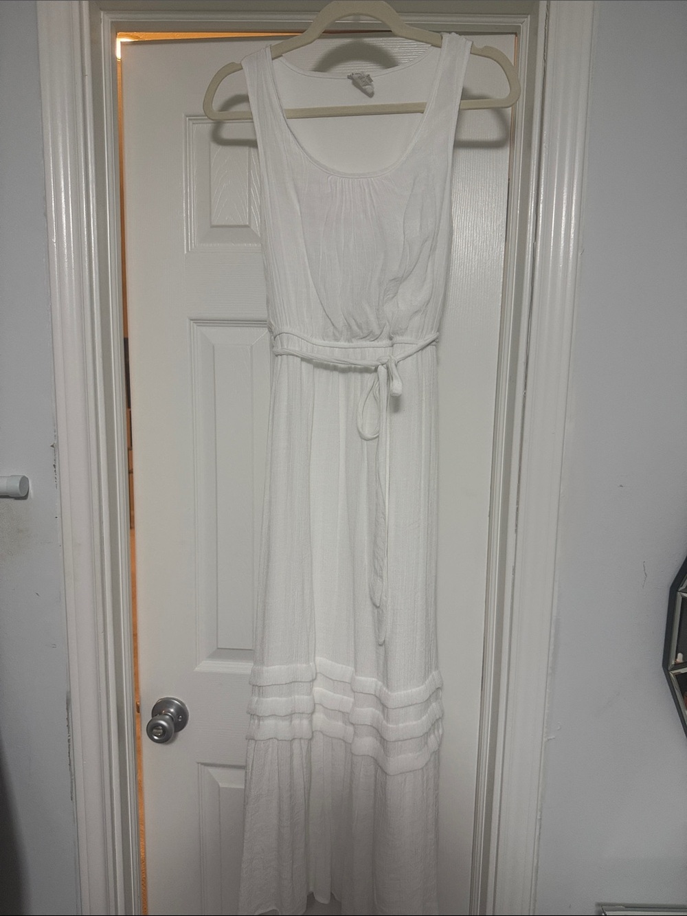 NAIF Sleeveless White Tiered Maxi Dress with Tie Waist